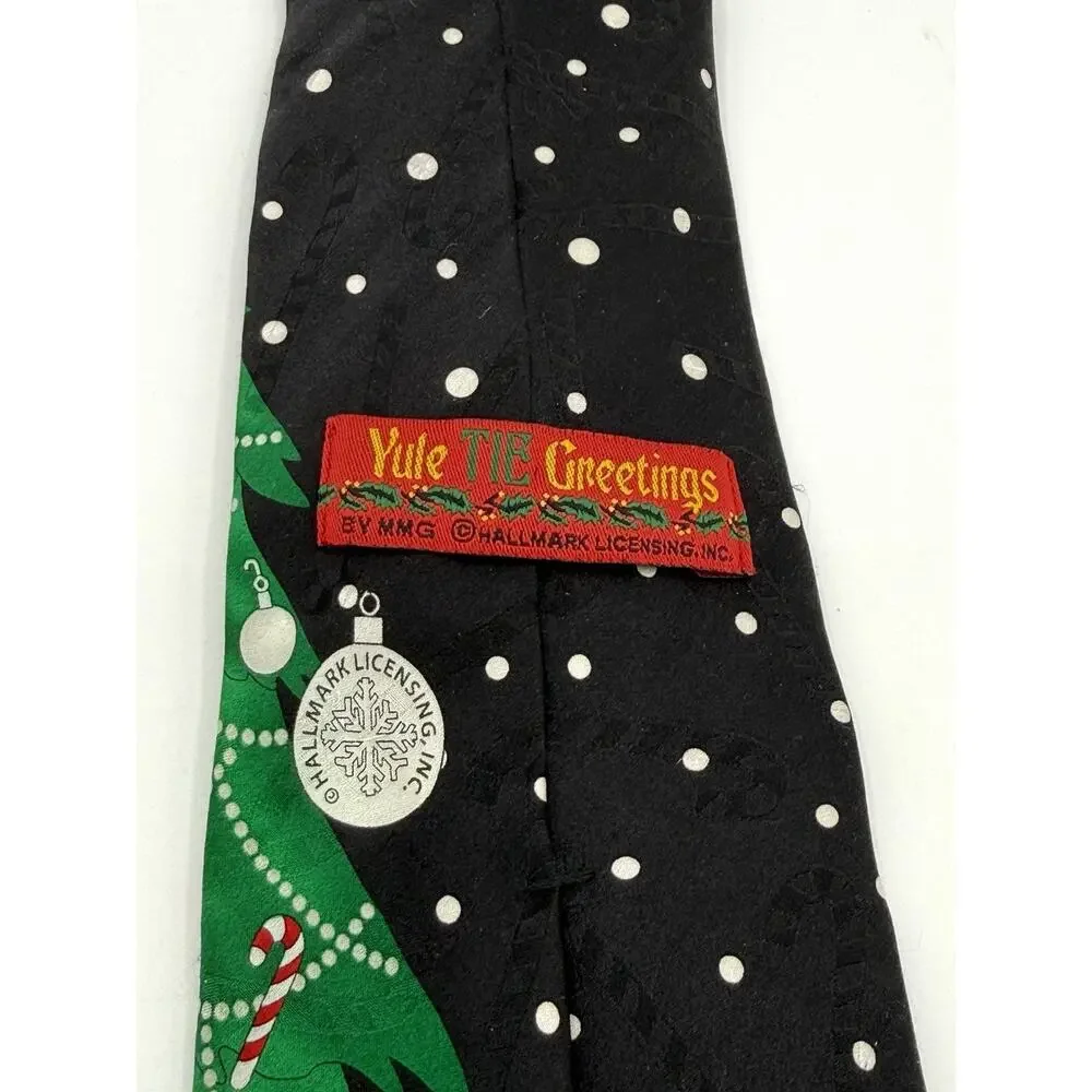 Hallmark Santa & Reindeer Christmas Tree Decorating Funny Holiday Fun Tie Black